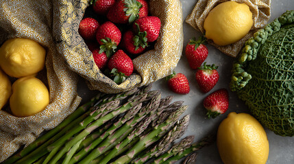 Variety of fruits and vegetables on nature background
