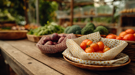 tomatoes in a wicker basket and other vagetable