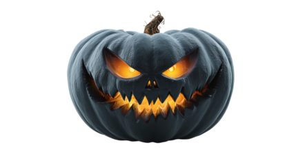 Scary pumpkin with glowing orange eyes and menacing grin isolated on transparent background