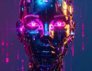 Cybernetic Female Head with Glowing Eyes