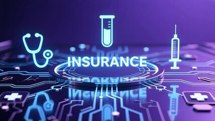Futuristic medical scene with glowing icons around insurance text, highlighting tech health, financial security and online insurance - Powered by Adobe