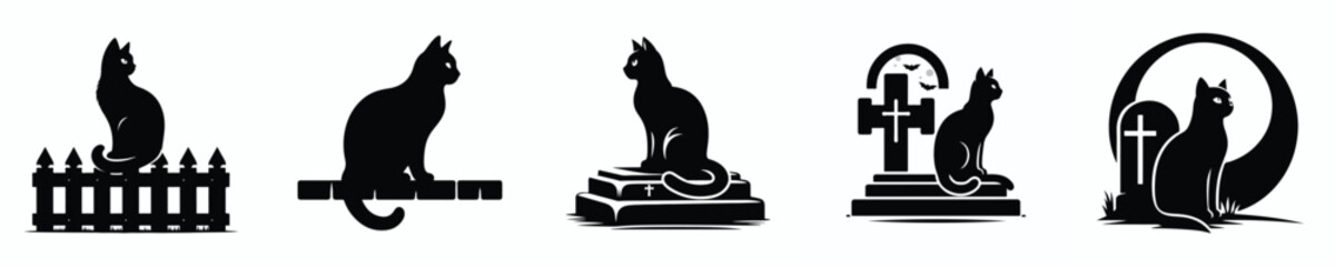black cat silhouette vector in halloween graveyard