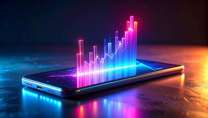 A smartphone displays a vibrant, glowing graph visualizing data analysis. The futuristic scene has neon light accents with a dark background