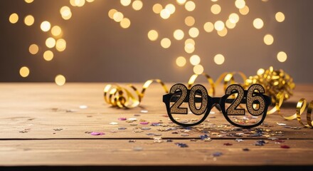 Party glasses with 2026 on lenses golden ribbons and colorful confetti on a wooden table with bokeh lights in background