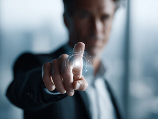 Sophisticated man touching a glowing screen. Represents innovation, technology, and progress. Ideal for future, business and science themes. Modern, conceptual, futuristic.
