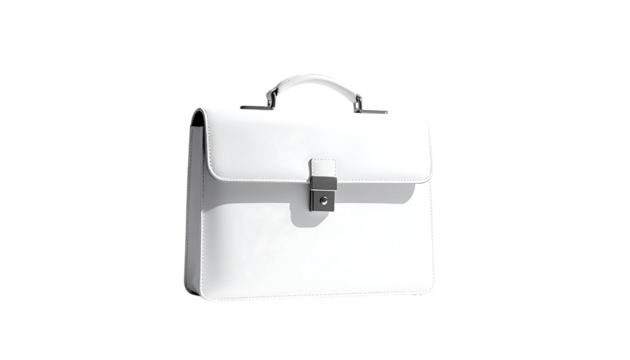 Sleek, white leather briefcase; metallic clasp and handle; subtly shadowed, isolated on black background