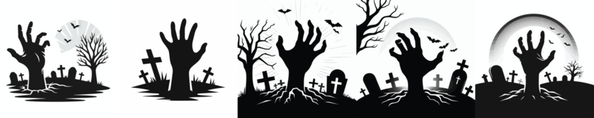 Obraz premium vector silhouette hand emerging from halloween graveyard