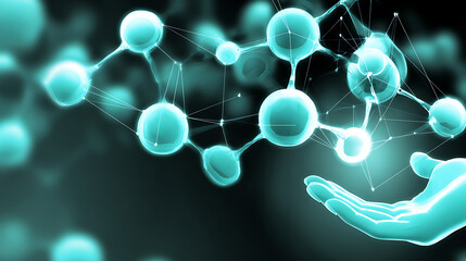 A hand reaching toward a glowing molecular structure in a digital, scientific visualization.