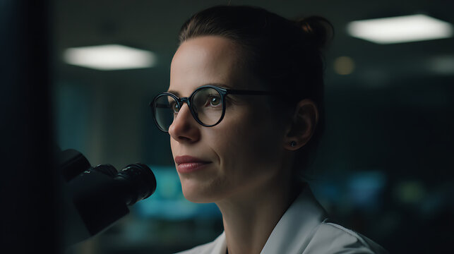 Female scientist in lab coat observing through microscope in dimly lit laboratory
