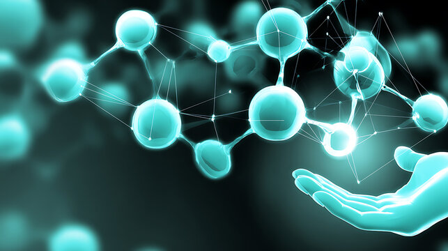 A hand reaching toward a glowing molecular structure in a digital, scientific visualization.