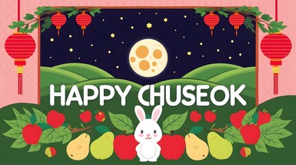Happy chuseok harvest greeting with full moon and moon rabbit, cute bunny among apples and pears, red lanterns and starry night, korean autumn holiday illustration ideal for greeting cards and festive