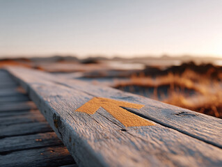 Wooden path leads to a blurred horizon. Golden arrow guides the way, symbolizing direction, progress, and future. Use for travel, business, or inspiration.