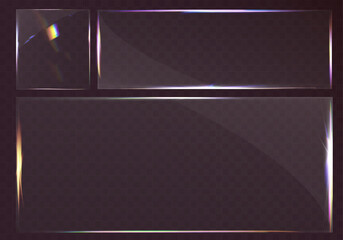 Transparent glossy glass frame with rainbow light reflection isolated on background.
