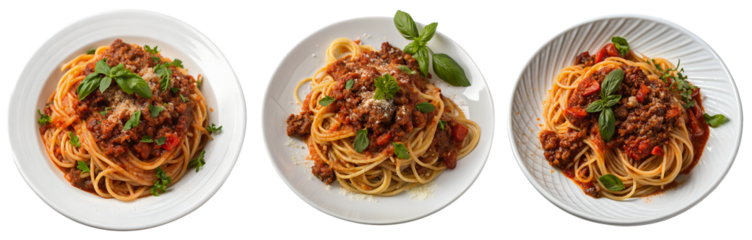 Spaghetti sits on three beautiful white plates, topped with savory meat sauce and garnished with fresh basil. A perfect meal for an inviting dinner gathering, showcasing Italian cuisine.