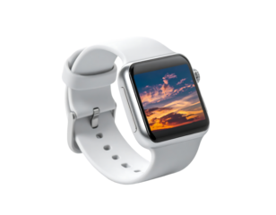 White smartwatch with a sunset image displayed on its screen, featuring a white silicone band and silver casing