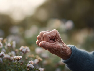 An elderly hand clenched into a fist against a soft, blurred floral background. Symbolizing strength, resilience, or defiance in aging. Evokes themes of determination, fight, and hope.
