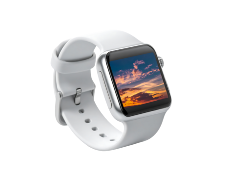 White smartwatch with a sunset image displayed on its screen, featuring a white silicone band and silver casing