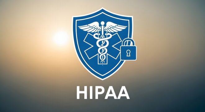 hippa compliance protected medical record information security caduceus symbol with lock against golden sunset health data regulations and confidentiality