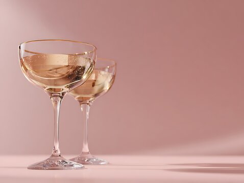 Romantic champagne coupe glasses with delicate gold trim on pastel background. Perfect for Valentine’s Day, weddings, anniversaries and engagements
