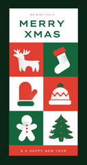Christmas banners and posters with holiday icons in red and green festive vector style