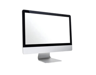Sleek silver all-in-one desktop computer with a blank white screen, angled slightly to the left, isolated on a black background