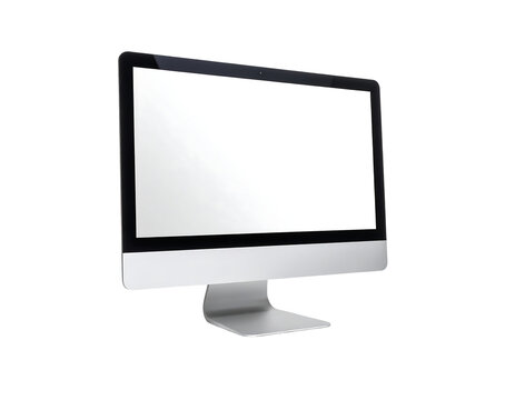 Sleek silver all-in-one desktop computer with a blank white screen, angled slightly to the left, isolated on a black background