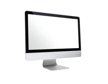 Sleek silver all-in-one desktop computer with a blank white screen, angled slightly to the left, isolated on a black background