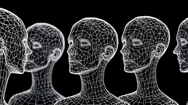 Rotating 3d human heads made of heaxagonal wireframe mesh structures. Black and white alpha matte. 3d animation rendering. - Powered by Adobe