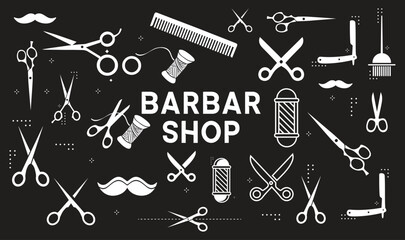 Barber Tools for Haircut black and white vector icon set