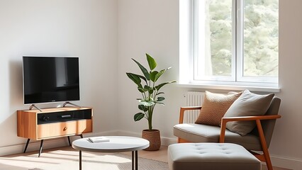 Minimalist interior corner with contemporary furniture and a decorative plant, embodying Scandinavian simplicity and light.