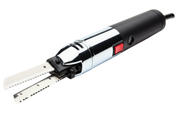 Electric kitchen carving knife with dual serrated steel blades on a transparent background