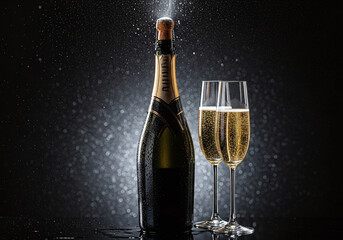 Celebrate successes with elegant champagne bottle and filled glasses against a sparkling backdrop, ideal for New Year's, anniversaries, or milestone events
