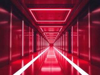 赤い照明が照らす未来的な金属の廊下の奥行き