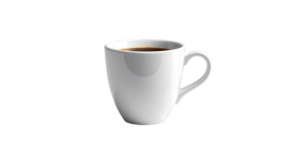 A single, full, white ceramic mug with a curved body and a C-shaped handle, filled with dark brown coffee