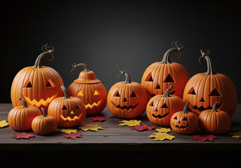 Glowing jack-o'-lanterns create a spooky Halloween scene on a rustic wood table, perfect for seasonal designs and festive promotions with autumn leaves scattered around