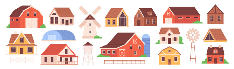 Country agriculture buildings. Farm complex, countryside houses, warehouse, red barn. Cartoon milk, storage, water tower, fence racy vector clipart