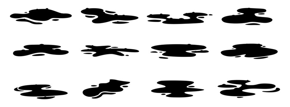 Black puddles of spilled oil. Liquid ink puddle, toxic elements. Water spilling elements, flat dark silhouettes. Isolated nature vector clipart