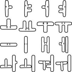 Fototapeta premium Cute korean alphabet vowel doodle character with cry expression and highlighted heart eyes, an outline black and white illustration set for stickers, emoji, and coloring books. 