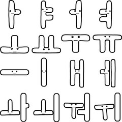 Cute korean alphabet vowel doodle character with flat expression and highlighted heart eyes, an outline black and white illustration set for stickers, emoji, and coloring books. 