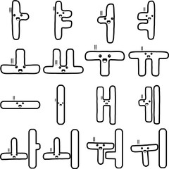 Fototapeta premium Cute korean alphabet vowel doodle character with shock expression and highlighted heart eyes, an outline black and white illustration set for stickers, emoji, and coloring books. 