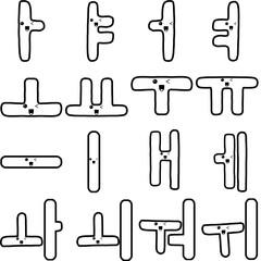 Fototapeta premium Cute korean alphabet vowel doodle character with wink expression and highlighted heart eyes, an outline black and white illustration set for stickers, emoji, and coloring books. 