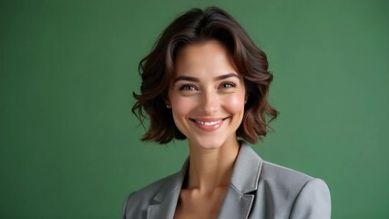 Confident middle-aged businesswoman with curly hair delivers a dynamic presentation in a light gray suit, exuding professional authority 4k