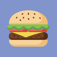 A flat-lay illustration of a burger featuring sesame seed bun, lettuce, tomato, cheese, and patty on a blue background.