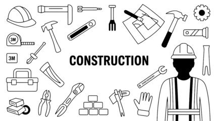 Construction tools outline, hand tools, equipment for building, repair, carpentry and home improvement, DIY, renovation, professional craftsmanship, vector