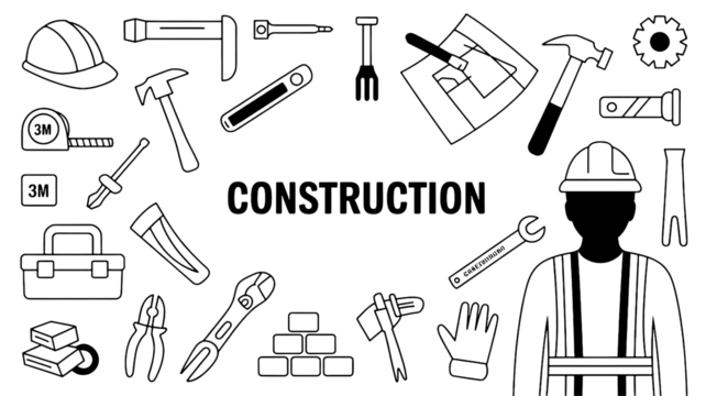 Construction tools outline, hand tools, equipment for building, repair, carpentry and home improvement, DIY, renovation, professional craftsmanship, vector