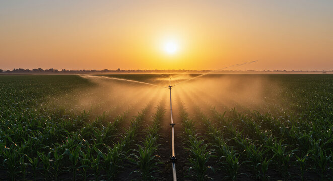 Agricultural Irrigation System in the Field at Sunset