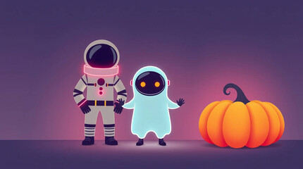 Vector illustration featuring Neon Vampires, Astronaut Ghosts, and Cyberpunk Pumpkins in simple, two-dimensional shapes 