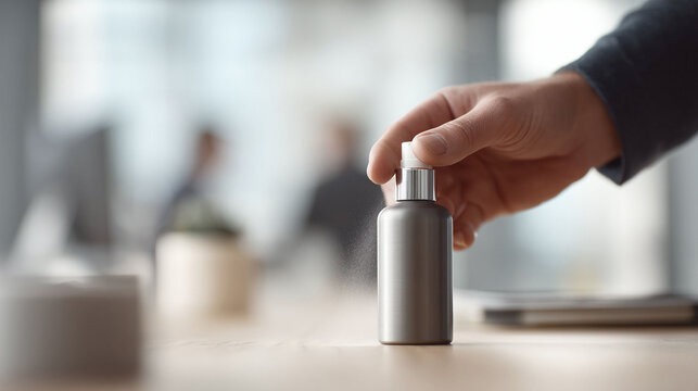 Hand spraying sanitizer at the office. Demonstrates hygiene, cleanliness, and healthcare. Perfect for illustrating safety and preventative measures in workspace.