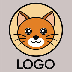 Cute cartoon orange cat face with big blue eyes and whiskers inside a circle logo