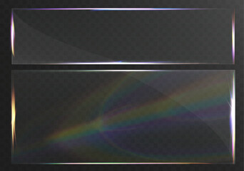 Transparent glossy glass frame with rainbow light reflection isolated on background.
